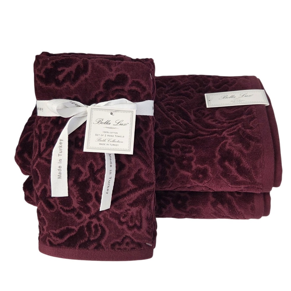 Bella Lux 4pc Turkish Cotton Velour Towel Set Merlot Floral Embossed 2Bath 2Hand